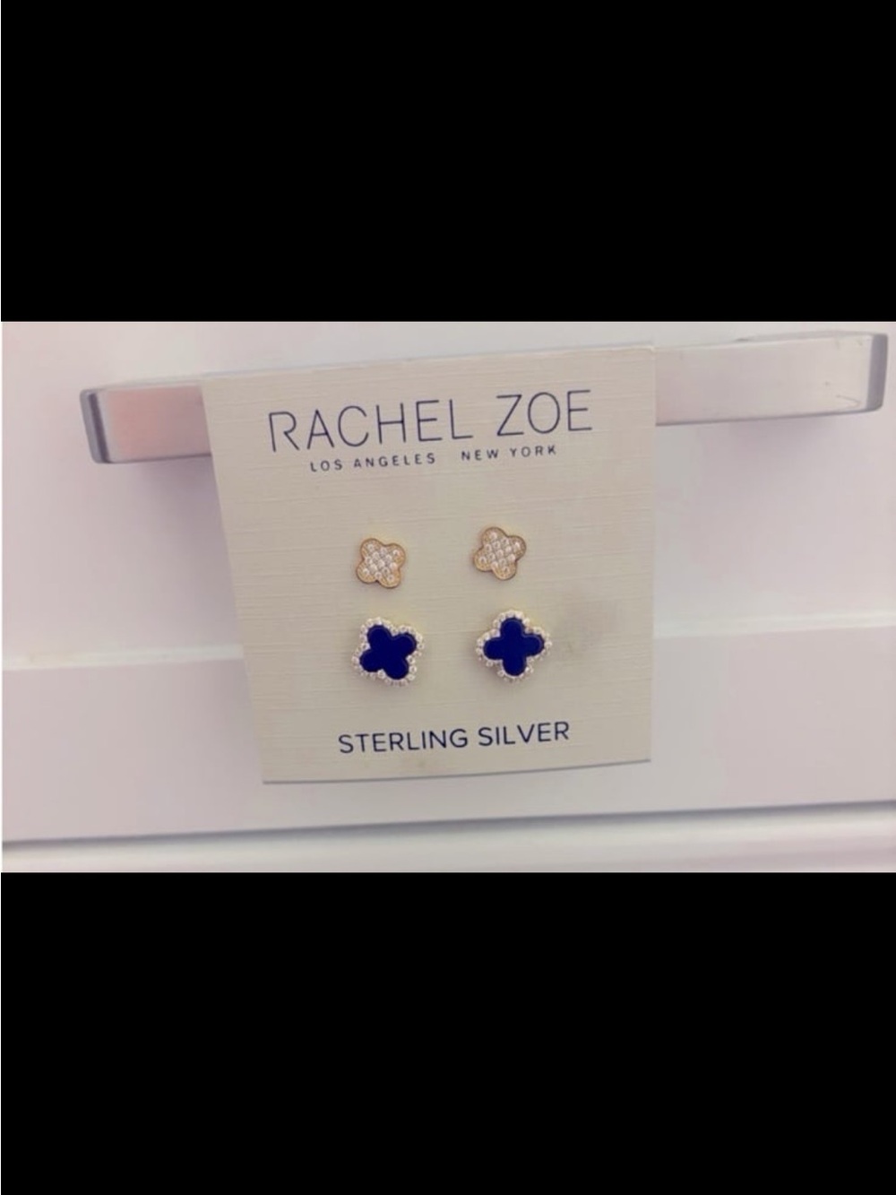 Rachel Zoe Gold And Navy Blue Clover Sterling Silver Earrings RARE